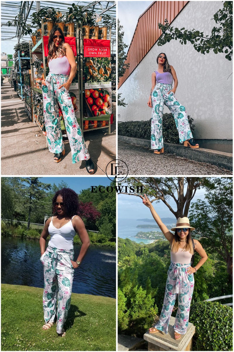 ECOWISH Wide Leg Pants for Women Summer 2024 Palazzo Tropical Floral Belted Casual Lightweight High Waist Flared Trousers with Pockets White Small - Image 4